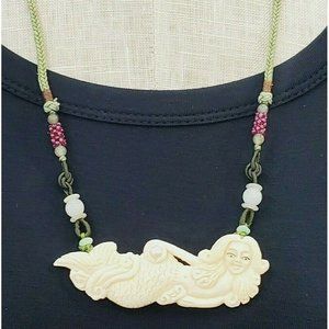 Carved FRONT & BACK Cow Bone Mermaid Necklace on Adjustable Woven Silk Cord NWT